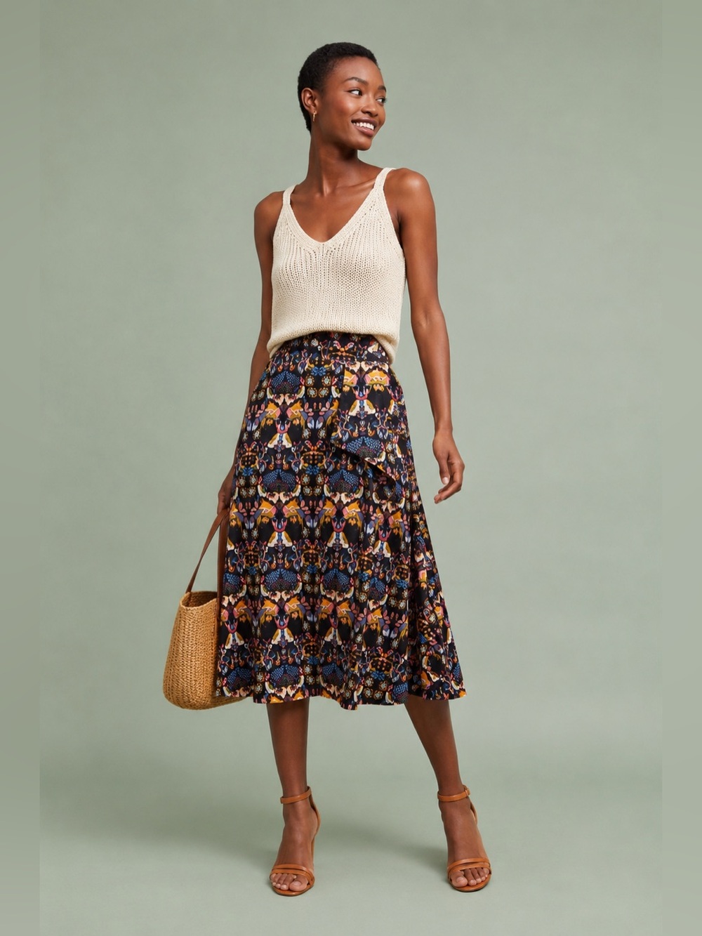 Eva Franco Anthropologie Whimsy A-line Black Midi Skirt Elastic Waist Size 4